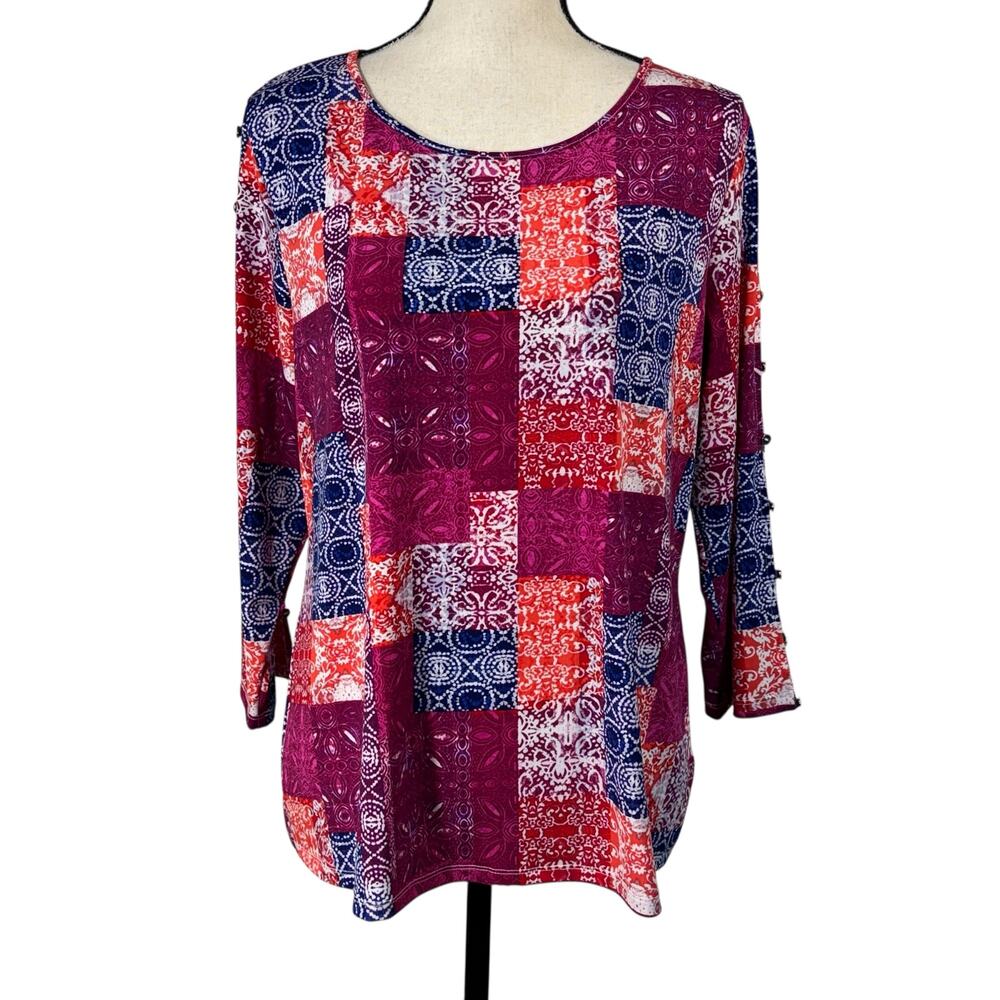 Investments Large Top Abstract Stretch 3/4 Keyhole Sleeves Round Neck Multicolor